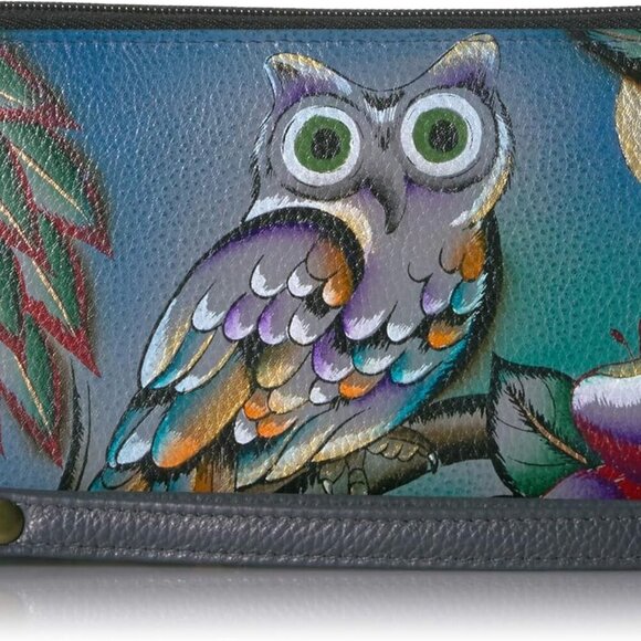 Accessories - Women's Leather Zip-Around Clutch Wallet Hand-Painted Owl Art Compact